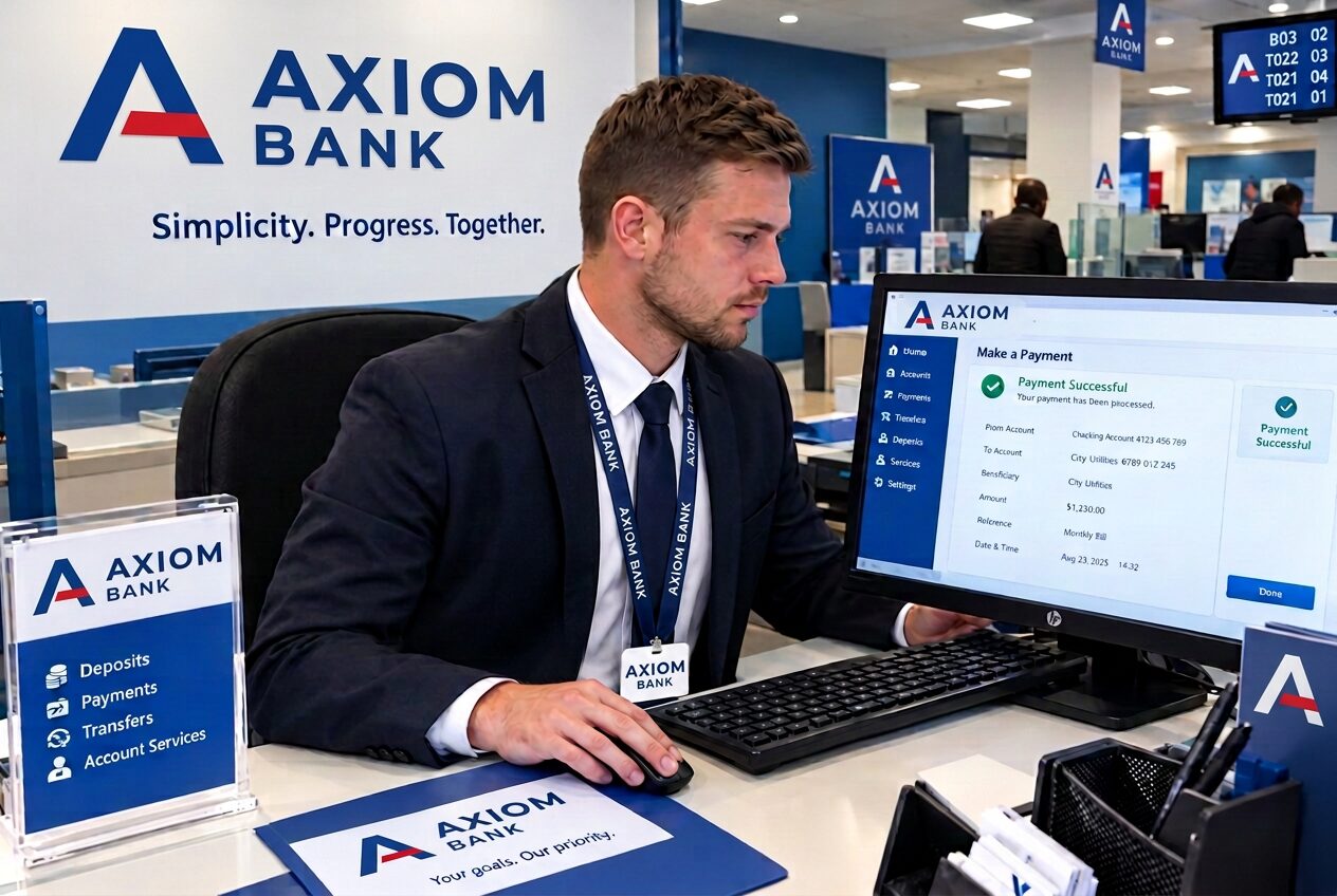 A AXIOM BANK banker at a branch desk with account services on screen behind him