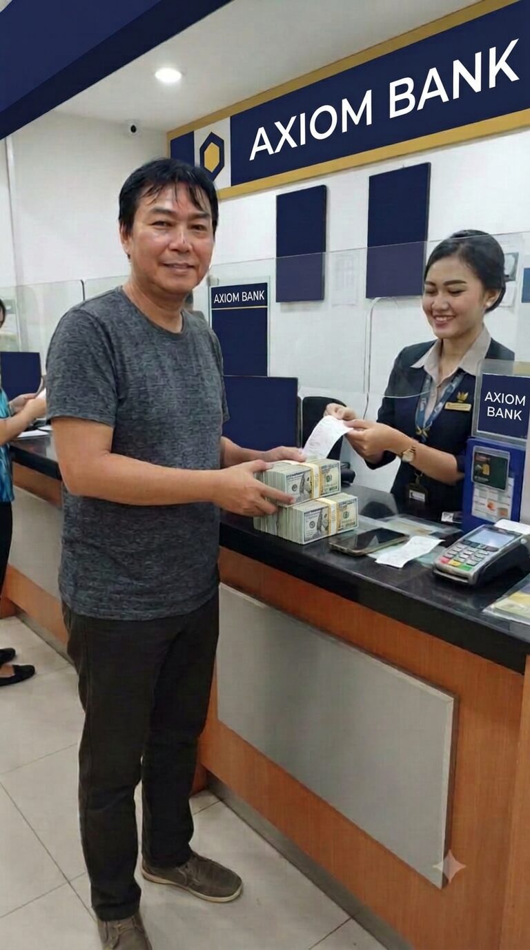 A customer receiving a printed receipt at a AXIOM BANK counter after completing a transaction